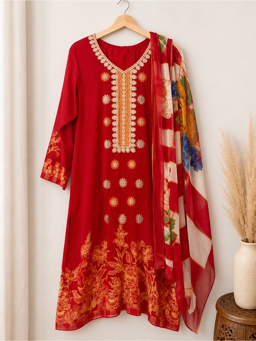 Pakistani Indian Red Salwar Kameez 3 Piece Suit w/ Dupatta